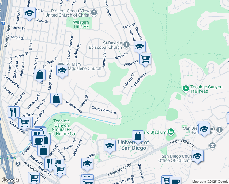 map of restaurants, bars, coffee shops, grocery stores, and more near 2182 March Place in San Diego