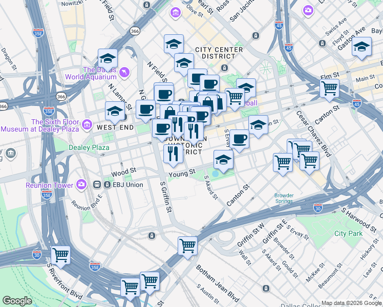 map of restaurants, bars, coffee shops, grocery stores, and more near Wood Street in Dallas
