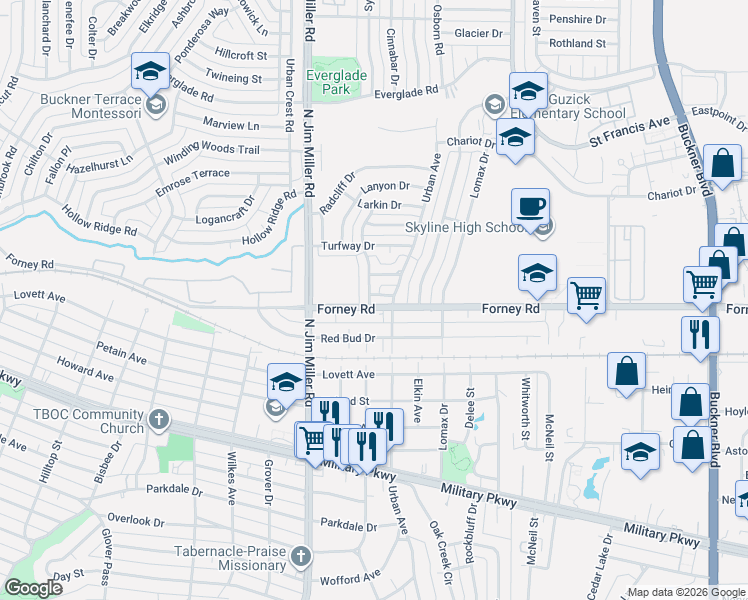 map of restaurants, bars, coffee shops, grocery stores, and more near 7102 Forney Road in Dallas