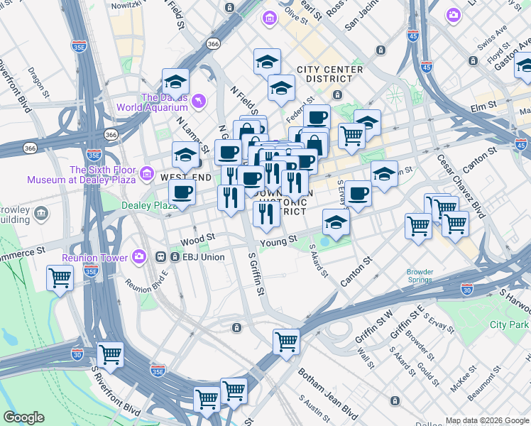 map of restaurants, bars, coffee shops, grocery stores, and more near 1122 Jackson Street in Dallas