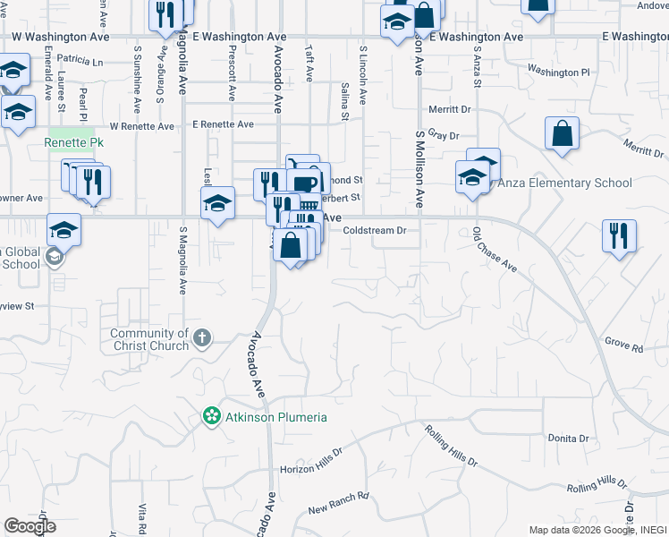 map of restaurants, bars, coffee shops, grocery stores, and more near 1283 Burnaby Street in El Cajon