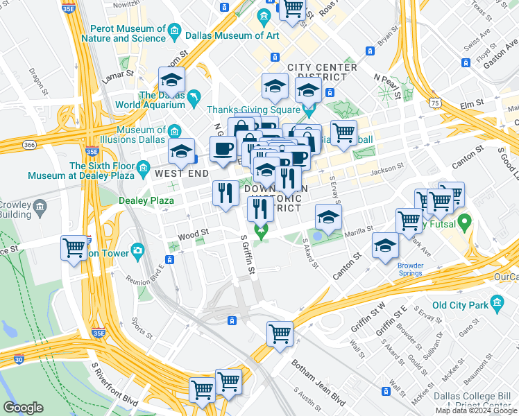 map of restaurants, bars, coffee shops, grocery stores, and more near 1201 Wood Street in Dallas