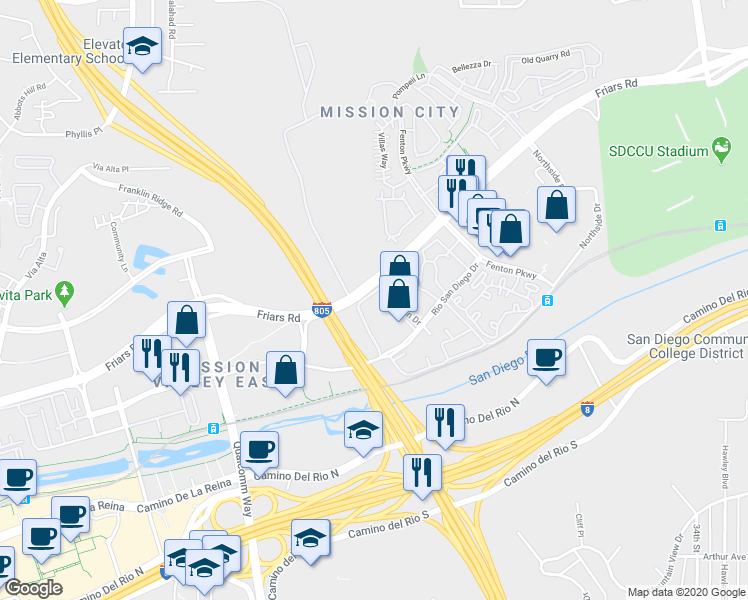 map of restaurants, bars, coffee shops, grocery stores, and more near 2216 River Run Drive in San Diego