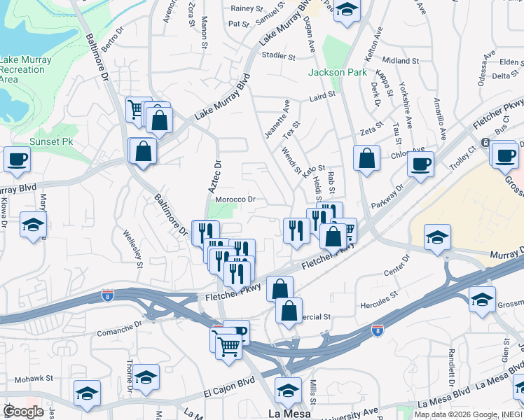 map of restaurants, bars, coffee shops, grocery stores, and more near 5500 Morro Way in La Mesa