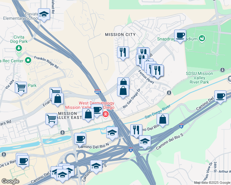 map of restaurants, bars, coffee shops, grocery stores, and more near 2224 River Run Drive in San Diego