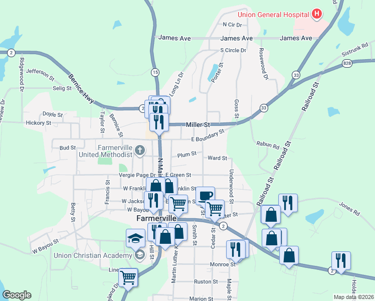 map of restaurants, bars, coffee shops, grocery stores, and more near 300-410 Plum Street in Farmerville