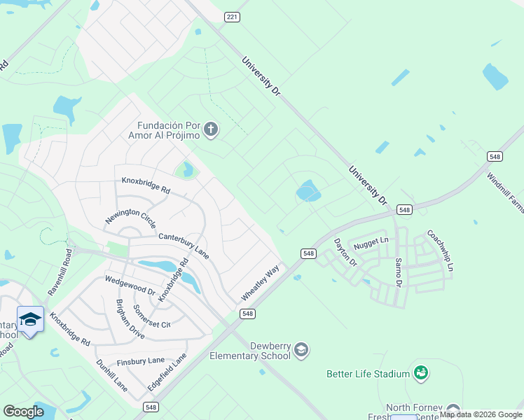 map of restaurants, bars, coffee shops, grocery stores, and more near 1115 Bantham Way in Forney