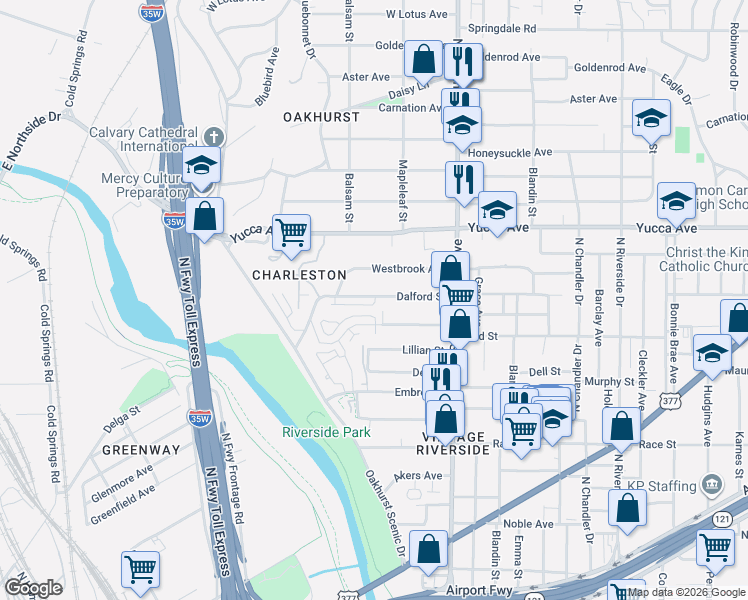 map of restaurants, bars, coffee shops, grocery stores, and more near 2264 Scenic Bluff Drive in Fort Worth