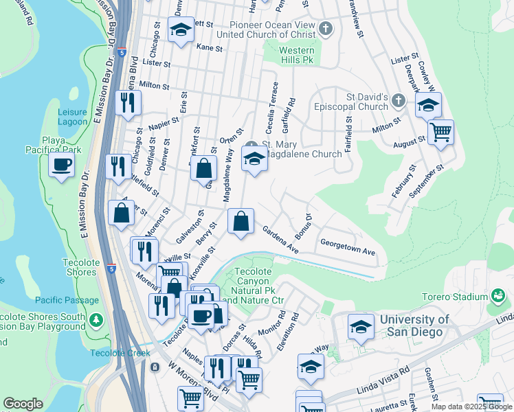 map of restaurants, bars, coffee shops, grocery stores, and more near 4821 Viane Way in San Diego
