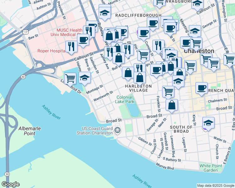 map of restaurants, bars, coffee shops, grocery stores, and more near 114 Beaufain Street in Charleston