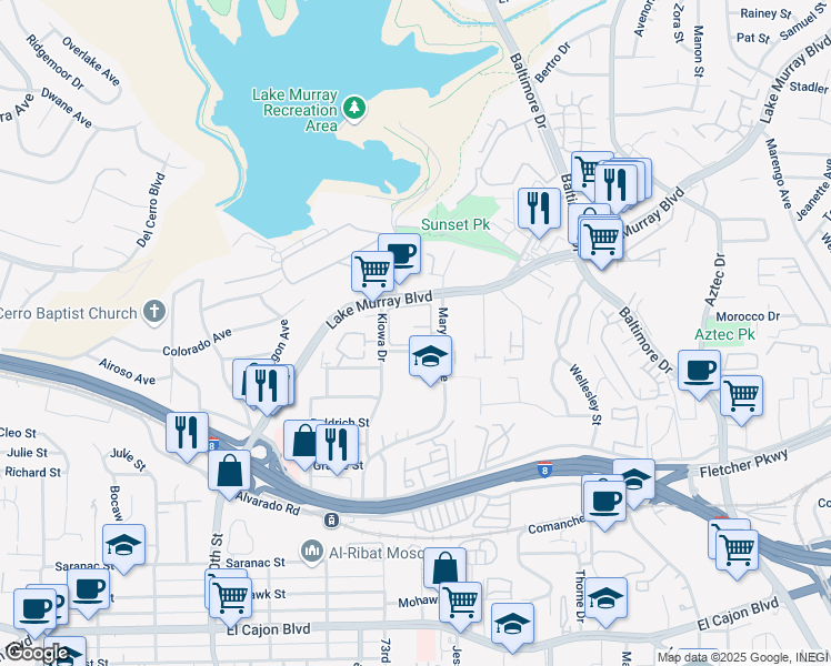 map of restaurants, bars, coffee shops, grocery stores, and more near 5427 Lake Murray Boulevard in La Mesa