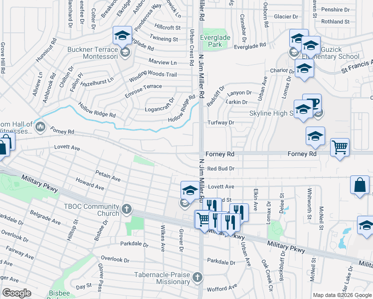 map of restaurants, bars, coffee shops, grocery stores, and more near 6807 Redbud Drive in Dallas