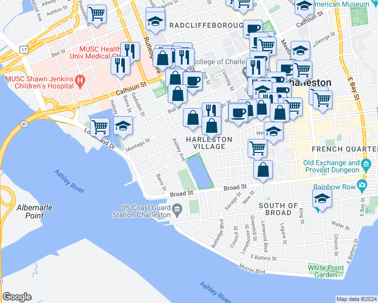 map of restaurants, bars, coffee shops, grocery stores, and more near 110 Beaufain Street in Charleston