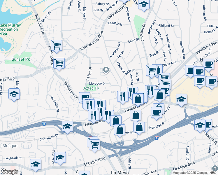 map of restaurants, bars, coffee shops, grocery stores, and more near 5500 Morro Way in La Mesa