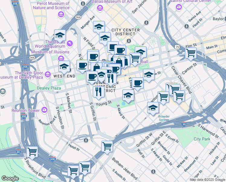 map of restaurants, bars, coffee shops, grocery stores, and more near 403 South Akard Street in Dallas