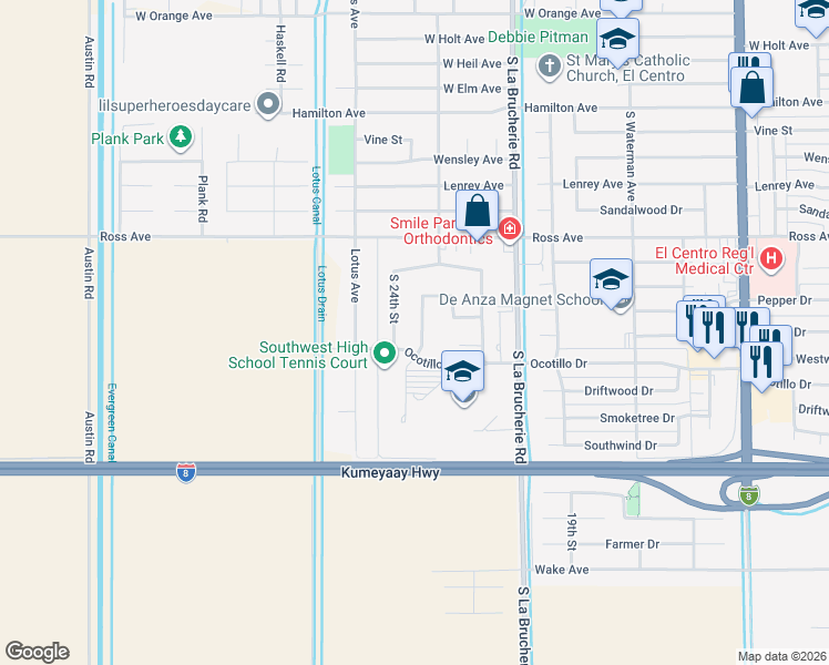 map of restaurants, bars, coffee shops, grocery stores, and more near 1792 South 23rd Street in El Centro