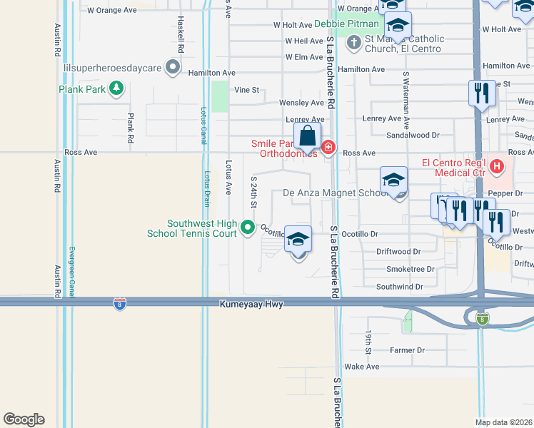 map of restaurants, bars, coffee shops, grocery stores, and more near 1732 South 23rd Street in El Centro