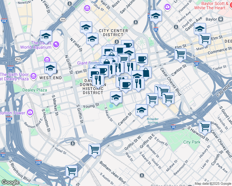 map of restaurants, bars, coffee shops, grocery stores, and more near 1515 Young St in Dallas
