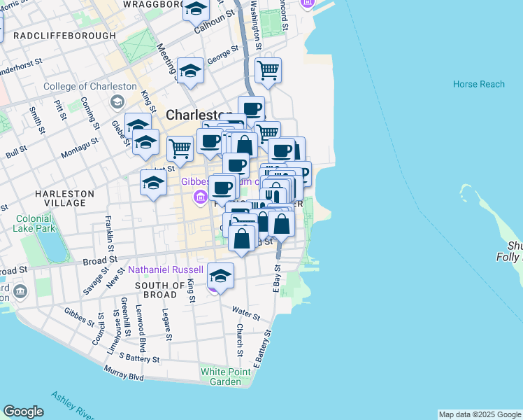 map of restaurants, bars, coffee shops, grocery stores, and more near 27 State Street in Charleston