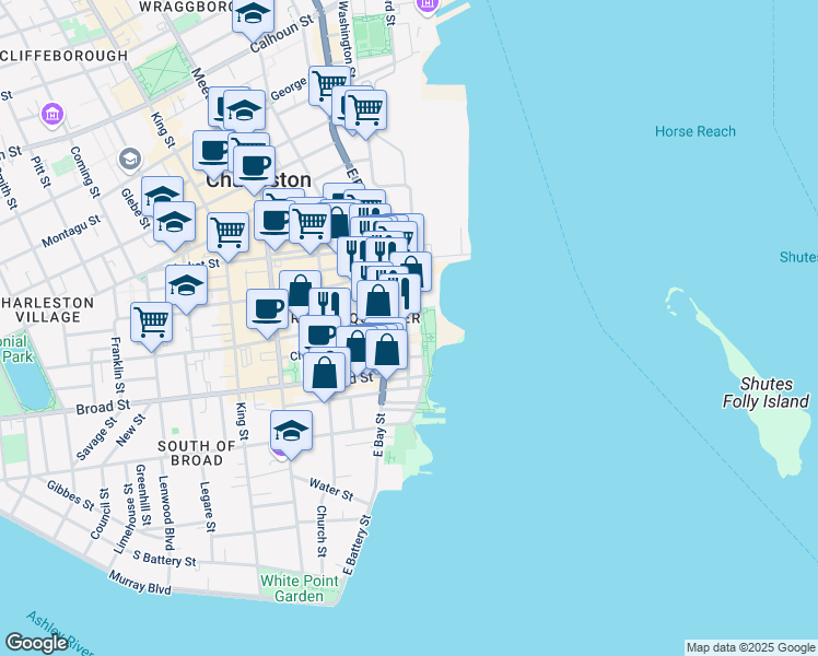 map of restaurants, bars, coffee shops, grocery stores, and more near 17 Vendue Range in Charleston