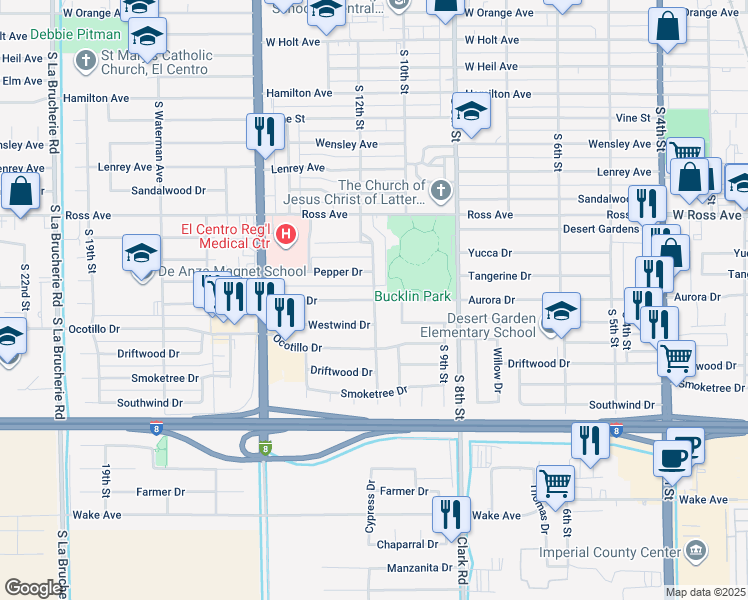 map of restaurants, bars, coffee shops, grocery stores, and more near 1090 Aurora Drive in El Centro