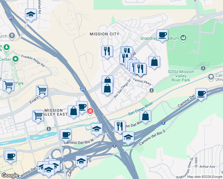 map of restaurants, bars, coffee shops, grocery stores, and more near 2210 River Run Drive in San Diego