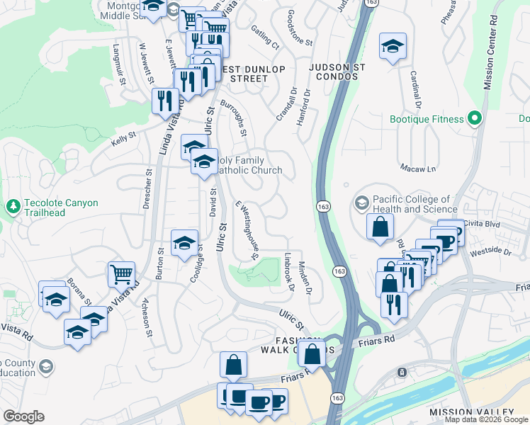 map of restaurants, bars, coffee shops, grocery stores, and more near 1852 Linbrook Drive in San Diego