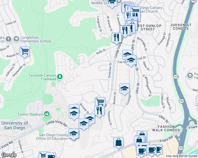 map of restaurants, bars, coffee shops, grocery stores, and more near 6645 Goodwin Street in San Diego
