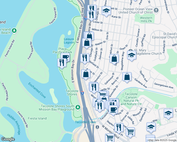 map of restaurants, bars, coffee shops, grocery stores, and more near 4245 Asher Street in San Diego