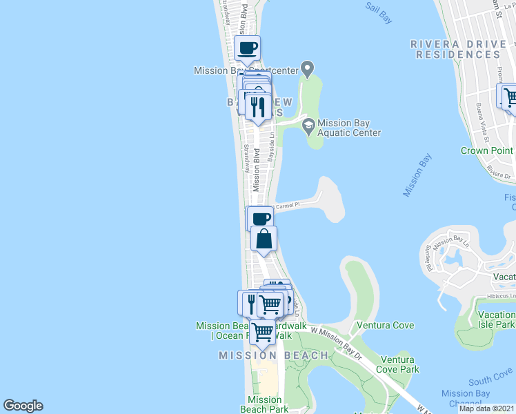 map of restaurants, bars, coffee shops, grocery stores, and more near in San Diego