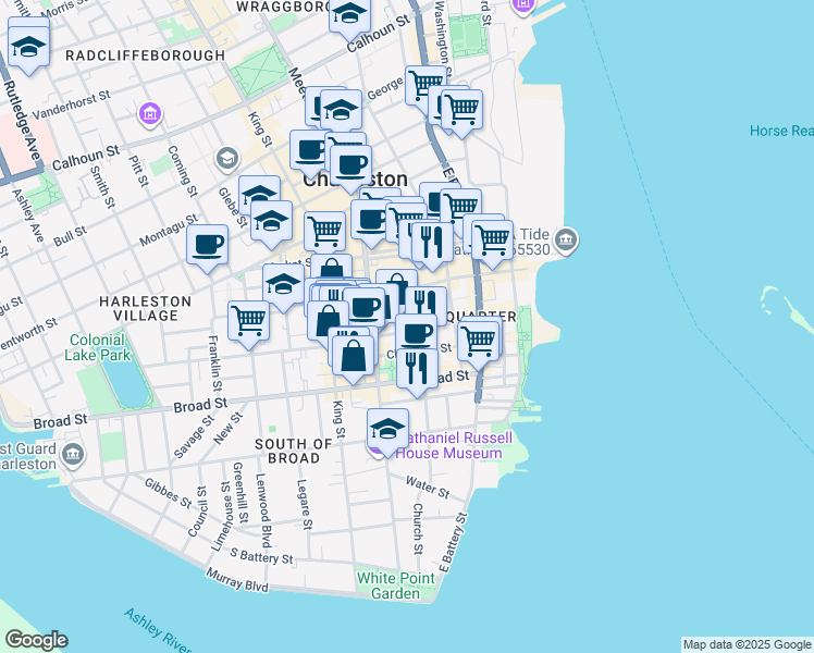 map of restaurants, bars, coffee shops, grocery stores, and more near 57 Queen Street in Charleston