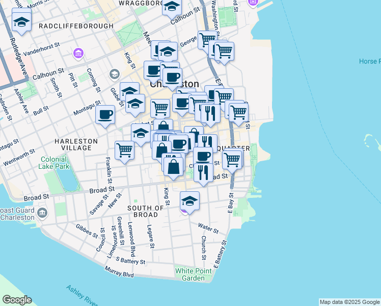 map of restaurants, bars, coffee shops, grocery stores, and more near 57 Queen Street in Charleston