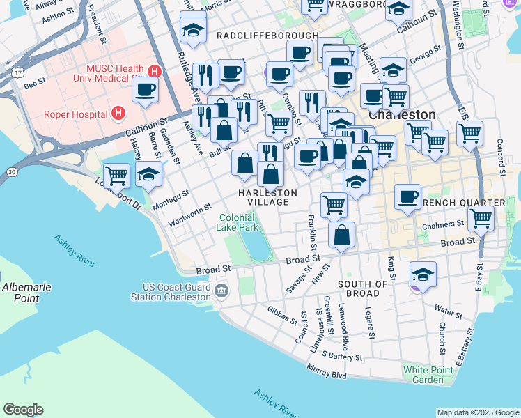 map of restaurants, bars, coffee shops, grocery stores, and more near 52 Rutledge Avenue in Charleston