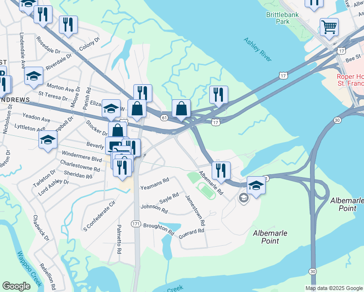 map of restaurants, bars, coffee shops, grocery stores, and more near 35 Folly Road in Charleston