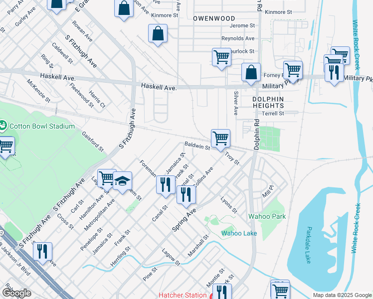 map of restaurants, bars, coffee shops, grocery stores, and more near 4615 Jamaica Street in Dallas