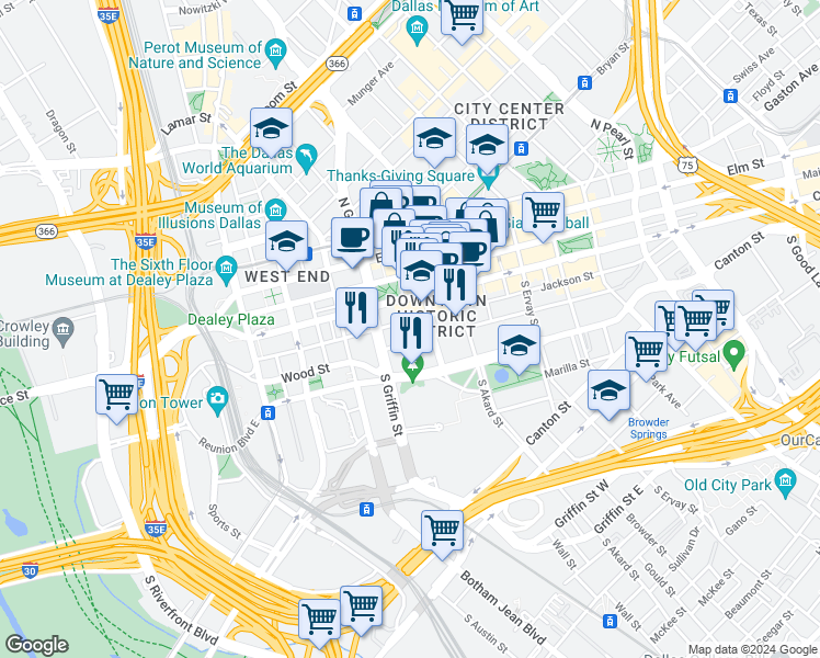 map of restaurants, bars, coffee shops, grocery stores, and more near 1122 Jackson Street in Dallas