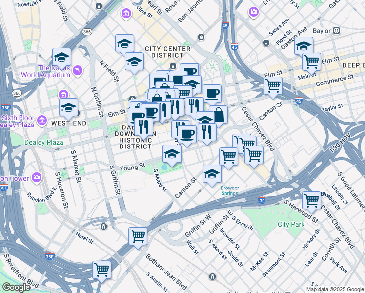 map of restaurants, bars, coffee shops, grocery stores, and more near 416 South Ervay Street in Dallas