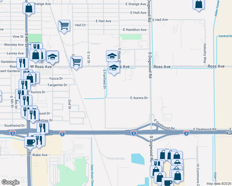 map of restaurants, bars, coffee shops, grocery stores, and more near 300-302 E Aurora Dr in El Centro