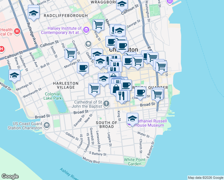 map of restaurants, bars, coffee shops, grocery stores, and more near 151 King Street in Charleston