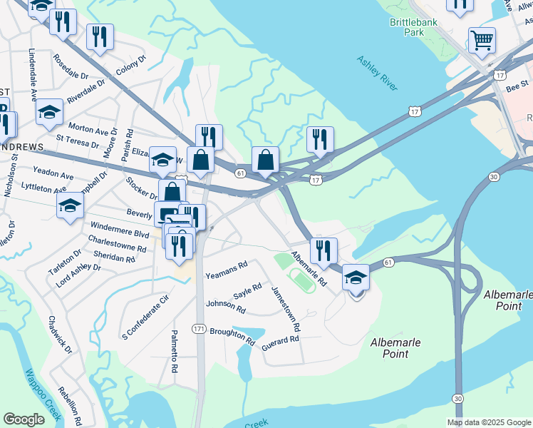 map of restaurants, bars, coffee shops, grocery stores, and more near 35 Folly Road in Charleston