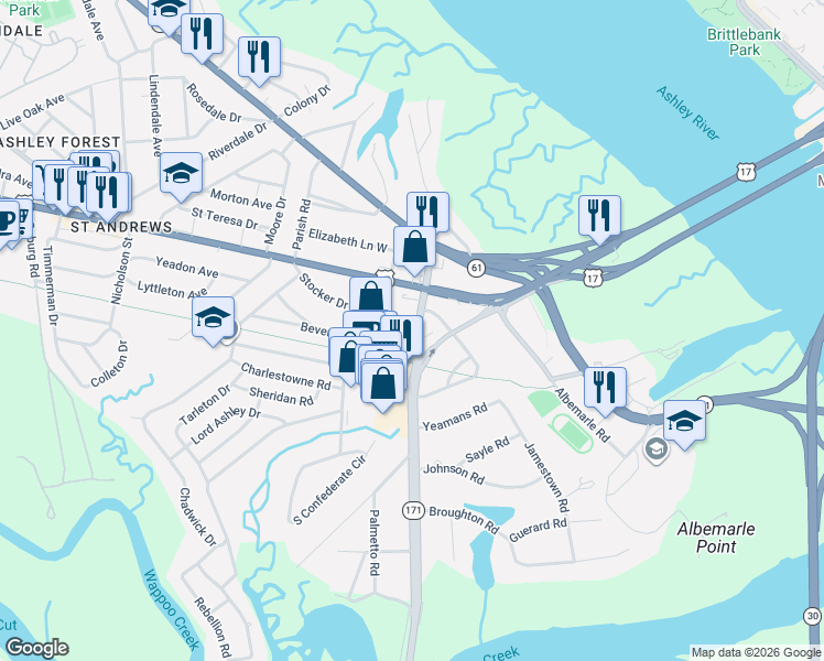 map of restaurants, bars, coffee shops, grocery stores, and more near 7 Wesley Drive in Charleston