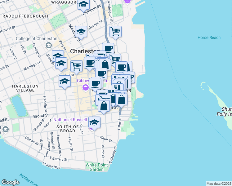 map of restaurants, bars, coffee shops, grocery stores, and more near 3 Queen Street in Charleston