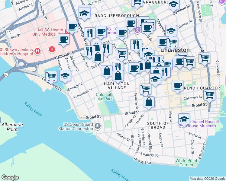 map of restaurants, bars, coffee shops, grocery stores, and more near 58 Rutledge Avenue in Charleston