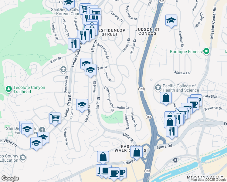 map of restaurants, bars, coffee shops, grocery stores, and more near 1872 Linbrook Drive in San Diego