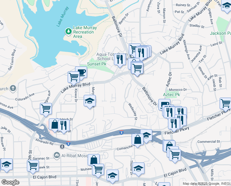 map of restaurants, bars, coffee shops, grocery stores, and more near 5525 Shasta Lane in La Mesa