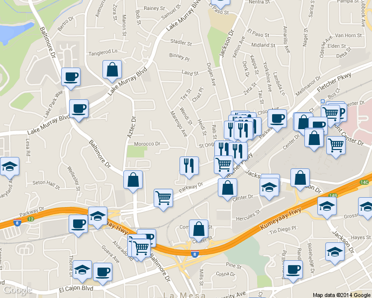 map of restaurants, bars, coffee shops, grocery stores, and more near 5465 Marengo Avenue in La Mesa