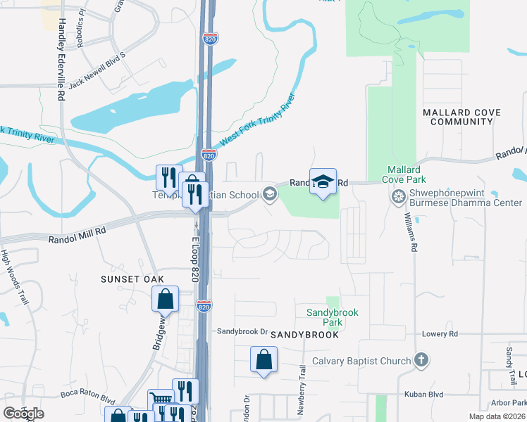 map of restaurants, bars, coffee shops, grocery stores, and more near 6824 Randol Mill Road in Fort Worth