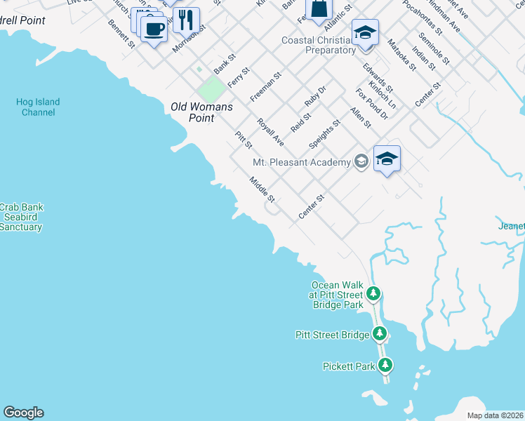 map of restaurants, bars, coffee shops, grocery stores, and more near 4 Pierates Cruz in Mount Pleasant