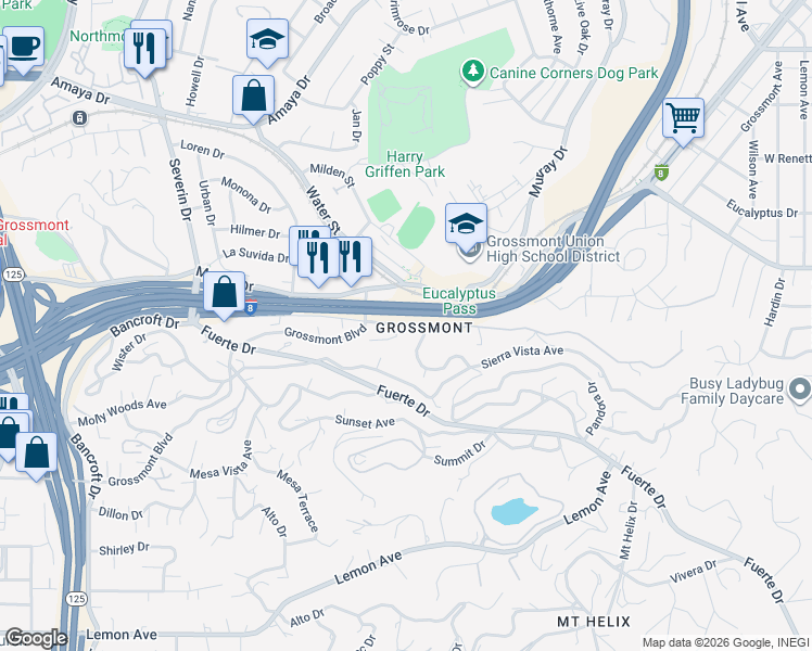map of restaurants, bars, coffee shops, grocery stores, and more near 9637 Plimpton Road in La Mesa
