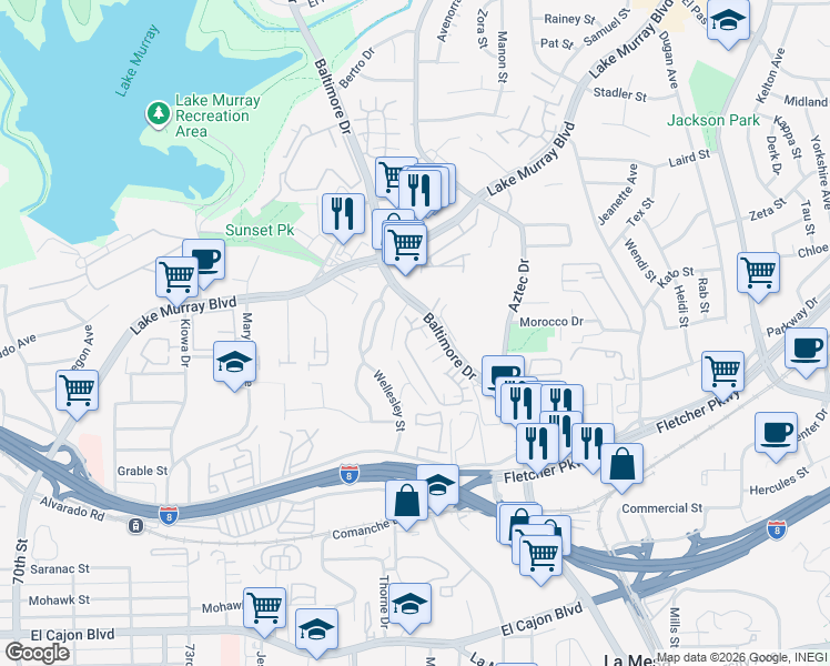 map of restaurants, bars, coffee shops, grocery stores, and more near 5440 Baltimore Drive in La Mesa